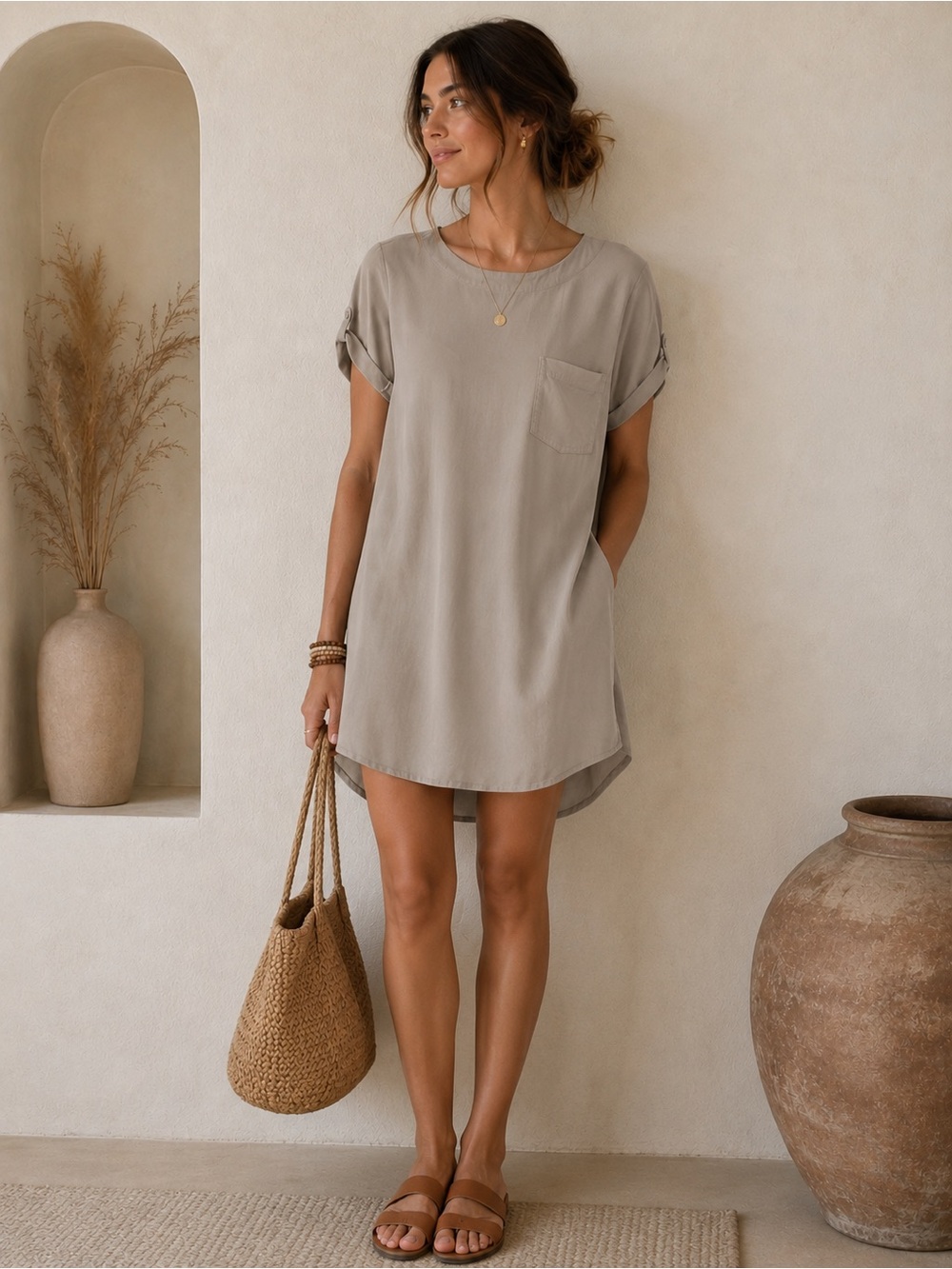 Anthropologie Cloth & Stone Tencel Button back short sleeve tunic mini dress